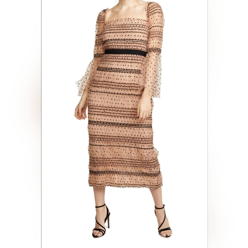 Self Portrait Shirred Polka Dot Elegant Midi Dress Beige Wedding Guest Sz 4 - Picture 1 of 16